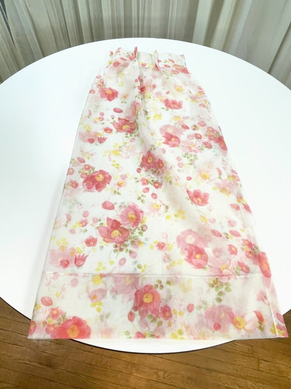 Vintage 70s curtain, large pink yellow flowers, sheer floral, single panel